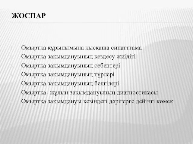 ЖОСПАР Омыртқа құрылымына қысқаша сипатттама Омыртқа зақымдануының кездесу жиілігі Омыртқа зақымдануының