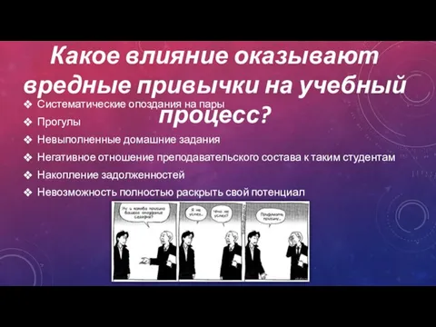 Систематические опоздания на пары Прогулы Невыполненные домашние задания Негативное отношение преподавательского