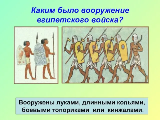 Каким было вооружение египетского войска? Вооружены луками, длинными копьями, боевыми топориками или кинжалами.