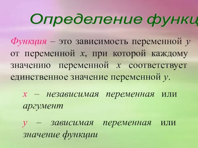 Определение функции Функция – это зависимость переменной у от переменной х,