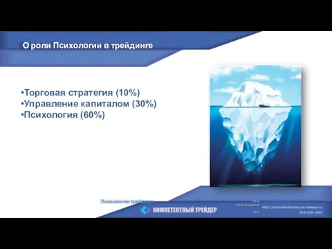 Психология трейдера Торговая стратегия (10%) Управление капиталом (30%) Психология (60%) О