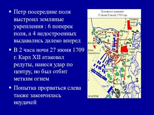 Петр посередине поля выстроил земляные укрепления : 6 поперек поля, а