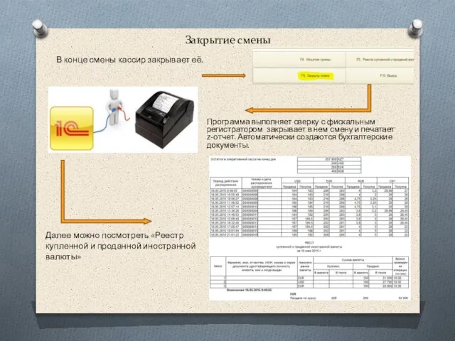 Закрытие смены Программа выполняет сверку с фискальным регистратором закрывает в нем