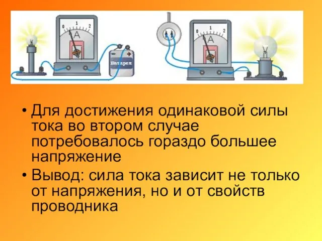 Для достижения одинаковой силы тока во втором случае потребовалось гораздо большее