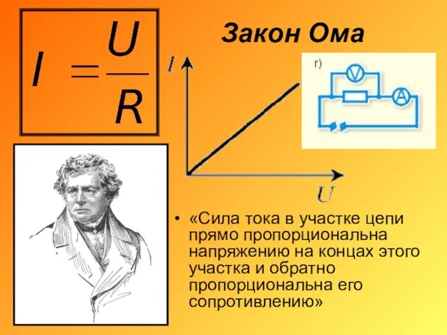 Закон Ома «Сила тока в участке цепи прямо пропорциональна напряжению на