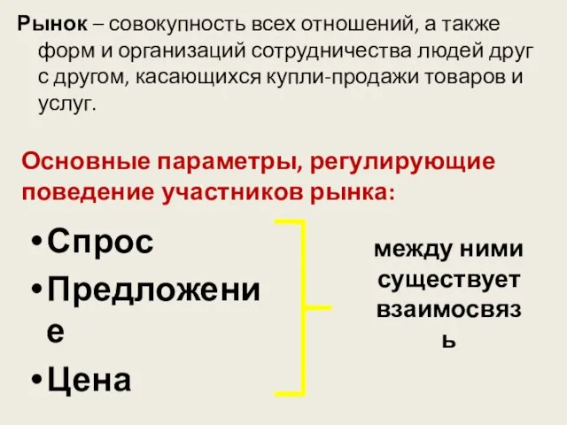 Рынок – совокупность всех отношений, а также форм и организаций сотрудничества