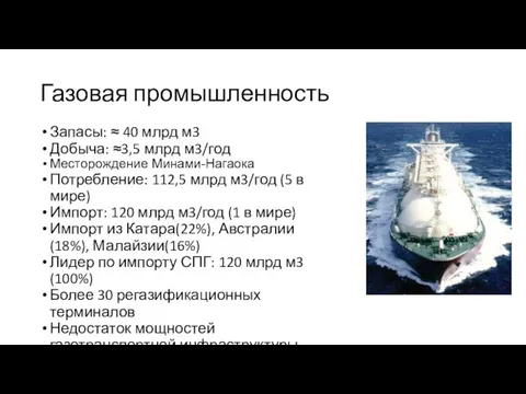 Газовая промышленность Запасы: ≈ 40 млрд м3 Добыча: ≈3,5 млрд м3/год