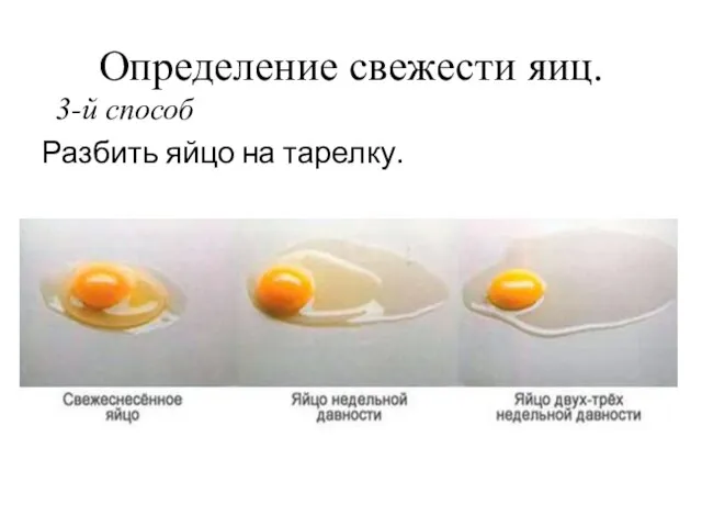 Определение свежести яиц. 3-й способ Разбить яйцо на тарелку.