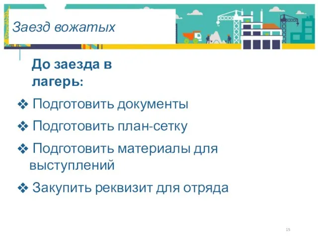 Заезд вожатых Подготовить документы Подготовить план-сетку Подготовить материалы для выступлений Закупить