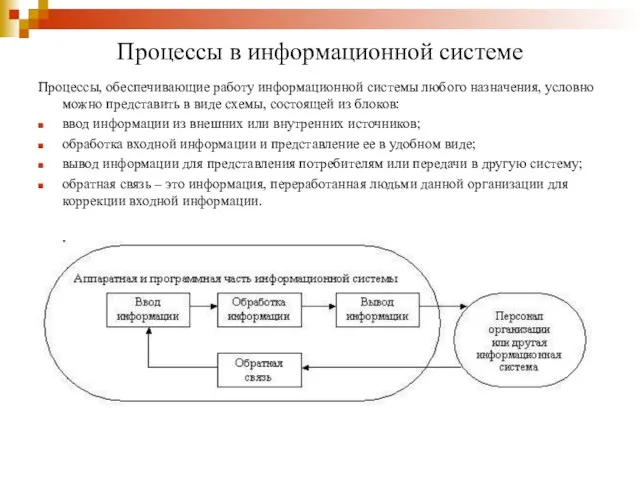 Процессы в информационной системе Процессы, обеспечивающие работу информационной системы любого назначения,