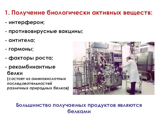 1. Получение биологически активных веществ: интерферон; противовирусные вакцины; антитела; гормоны; факторы