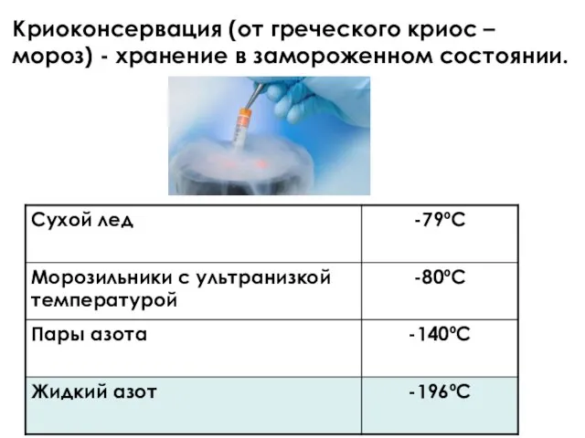 Криоконсервация (от греческого криос – мороз) - хранение в замороженном состоянии.