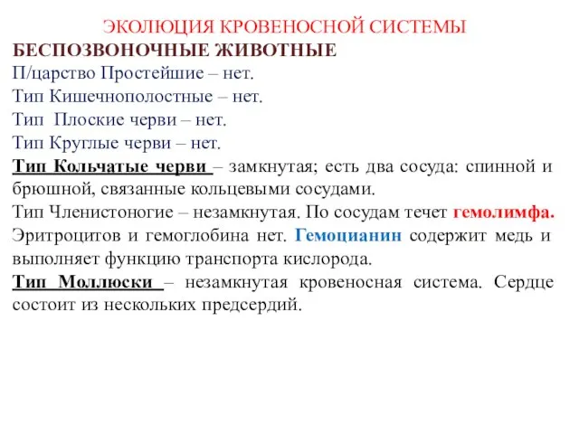 ЭКОЛЮЦИЯ КРОВЕНОСНОЙ СИСТЕМЫ БЕСПОЗВОНОЧНЫЕ ЖИВОТНЫЕ П/царство Простейшие – нет. Тип Кишечнополостные