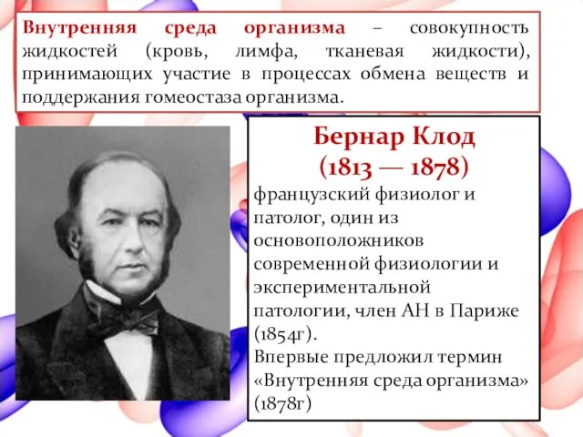 Внутренняя среда организма – совокупность жидкостей (кровь, лимфа, тканевая жидкости), принимающих