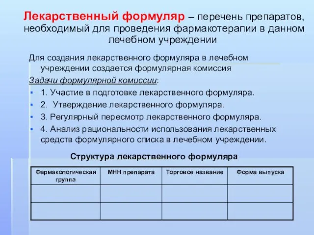 Лекарственный формуляр – перечень препаратов, необходимый для проведения фармакотерапии в данном