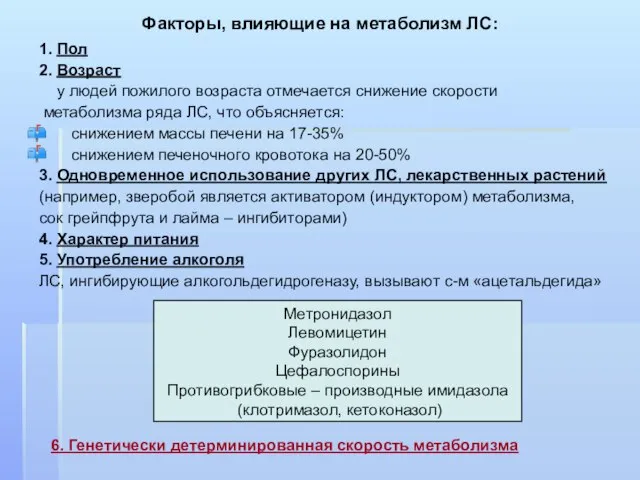 Факторы, влияющие на метаболизм ЛС: 1. Пол 2. Возраст у людей