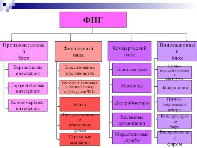 ФПГ Производственный блок Финансовый блок Коммерческий блок Инновационный блок Вертикальная интеграция