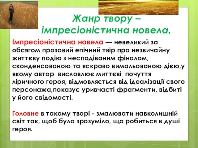 Жанр твору – імпресіоністична новела. Імпресіоністична новела — невеликий за обсягом