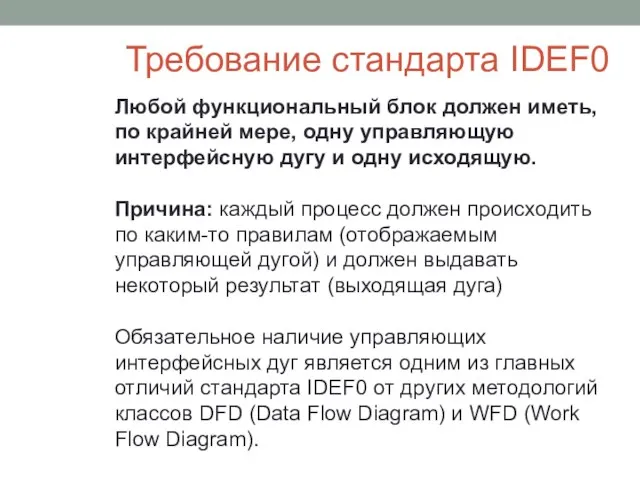 Требование стандарта IDEF0 Любой функциональный блок должен иметь, по крайней мере,