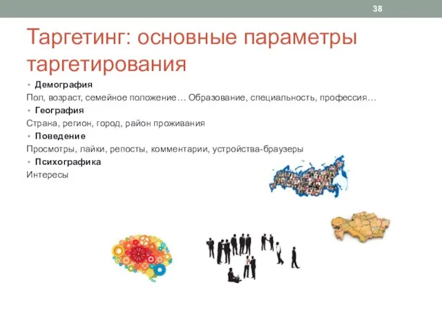 Таргетинг: основные параметры таргетирования Демография Пол, возраст, семейное положение… Образование, специальность,