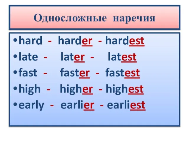 Односложные наречия hard - harder - hardest late - later -