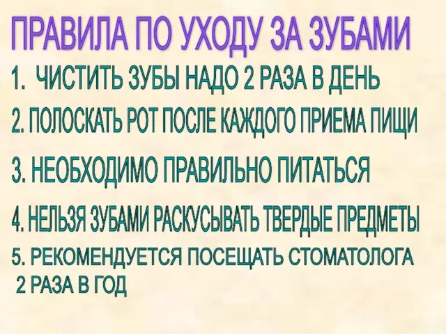 ПРАВИЛА ПО УХОДУ ЗА ЗУБАМИ 1. ЧИСТИТЬ ЗУБЫ НАДО 2 РАЗА