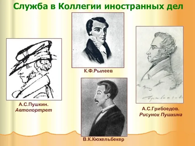 Служба в Коллегии иностранных дел А.С.Пушкин. Автопортрет А.С.Грибоедов. Рисунок Пушкина К.Ф.Рылеев В.К.Кюхельбекер