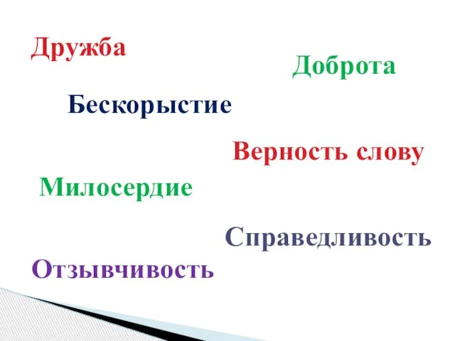 Дружба Бескорыстие Доброта Верность слову Милосердие Справедливость Отзывчивость