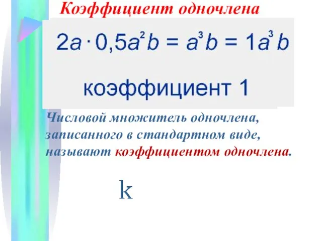 Коэффициент одночлена Числовой множитель одночлена, записанного в стандартном виде, называют коэффициентом одночлена.