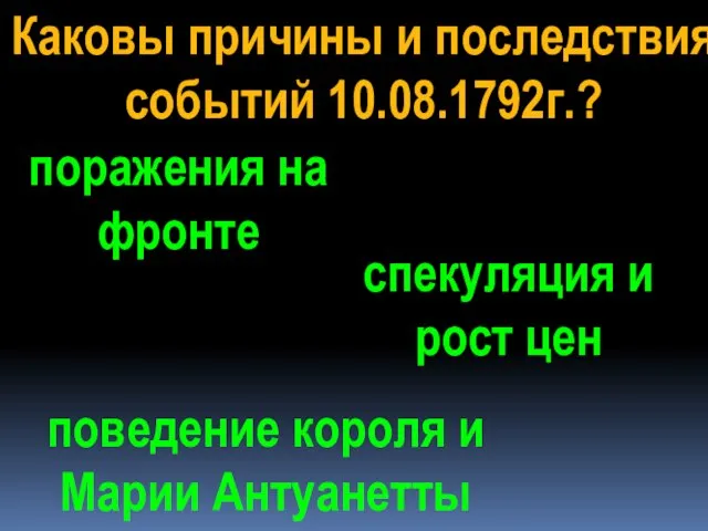 Каковы причины и последствия событий 10.08.1792г.? поражения на фронте спекуляция и