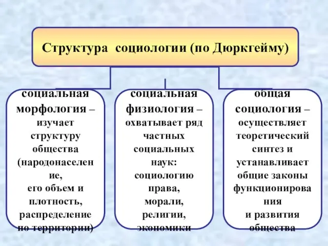 Структура социологии (по Дюркгейму) социальная морфология – изучает структуру общества (народонаселение,