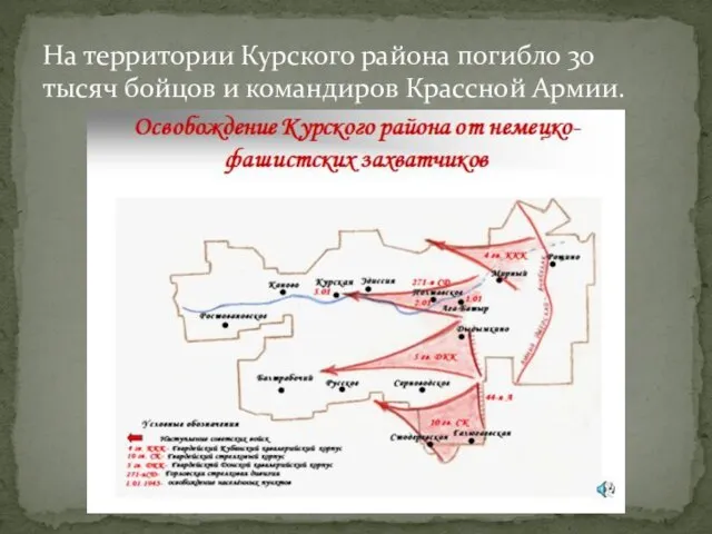 На территории Курского района погибло 30 тысяч бойцов и командиров Крассной Армии.