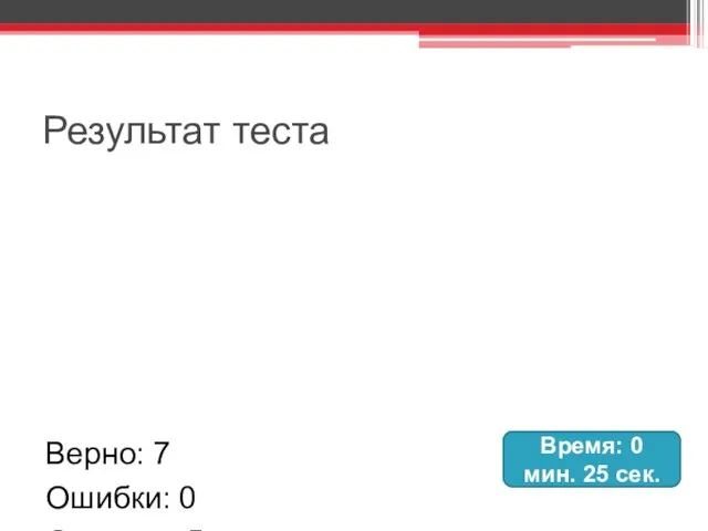 Результат теста Верно: 7 Ошибки: 0 Отметка: 5 Время: 0 мин. 25 сек.