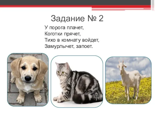 Задание № 2 У порога плачет, Коготки прячет, Тихо в комнату войдет, Замурлычет, запоет.