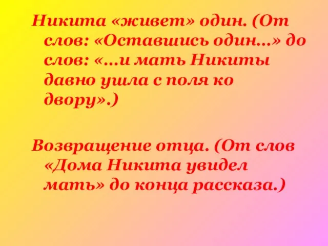 Никита «живет» один. (От слов: «Оставшись один…» до слов: «…и мать