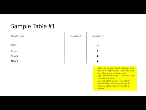 Sample Table #1 Add a row between Row 3 and Row