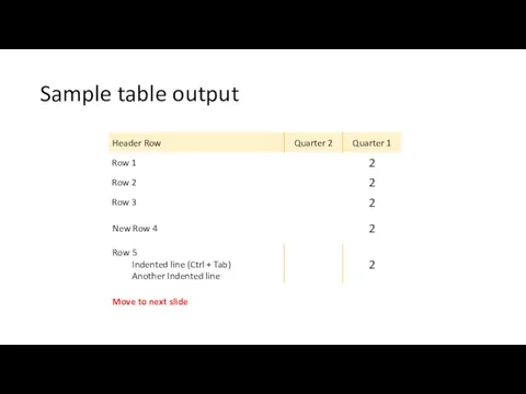 Sample table output Move to next slide