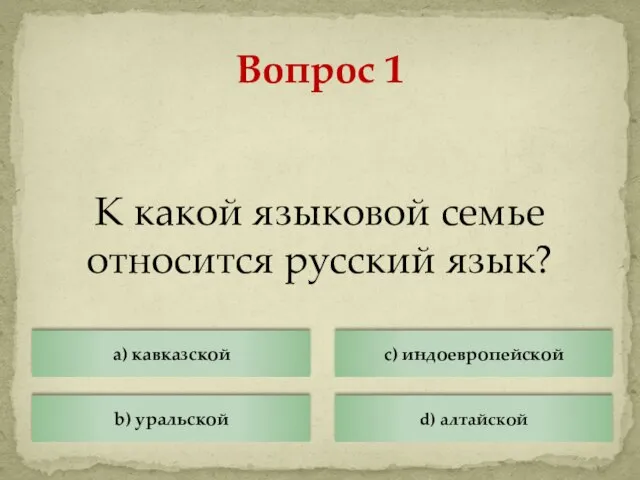 К какой языковой семье относится русский язык? Вопрос 1 a) кавказской