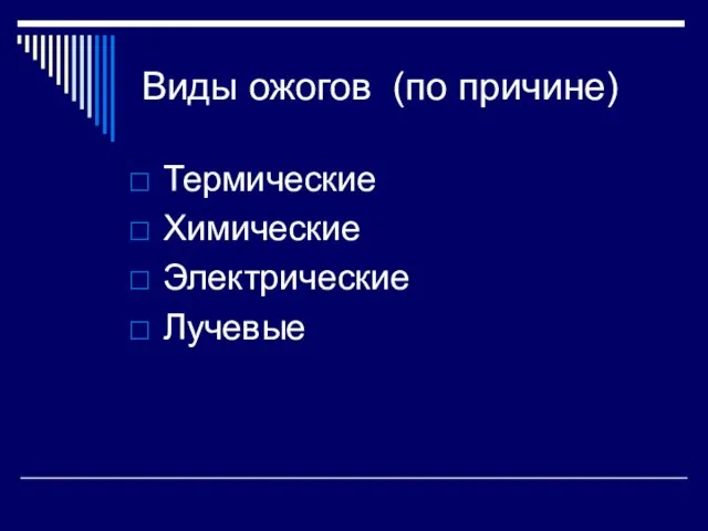 Виды ожогов (по причине) Термические Химические Электрические Лучевые