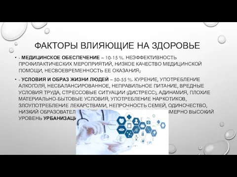 ФАКТОРЫ ВЛИЯЮЩИЕ НА ЗДОРОВЬЕ - МЕДИЦИНСКОЕ ОБЕСПЕЧЕНИЕ – 10-15 %. НЕЭФФЕКТИВНОСТЬ