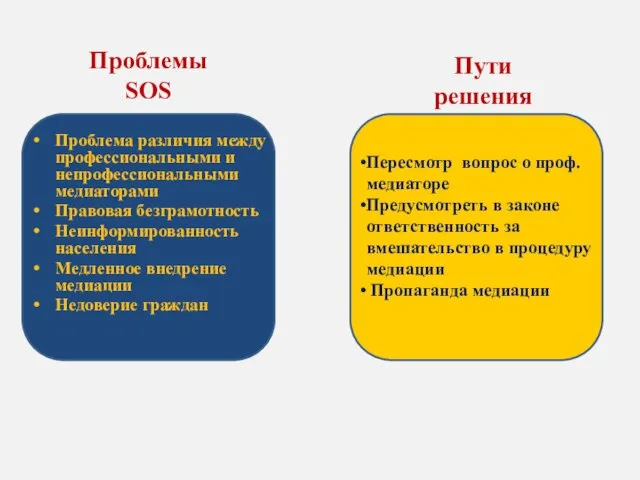 Проблемы SOS Проблема различия между профессиональными и непрофессиональными медиаторами Правовая безграмотность