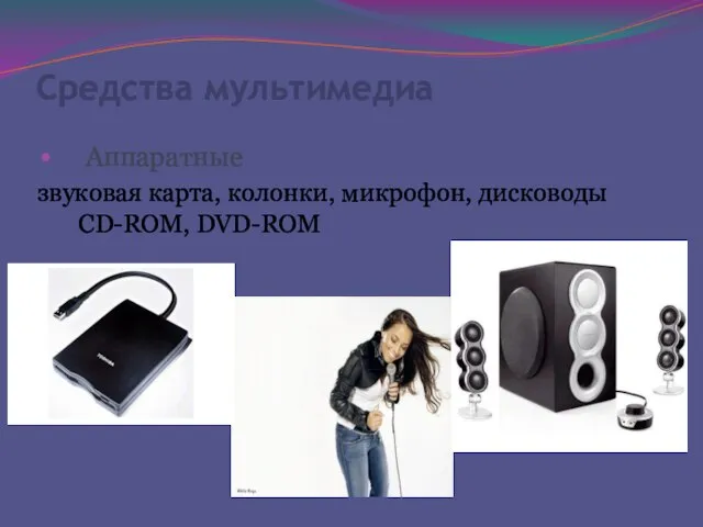 Аппаратные звуковая карта, колонки, микрофон, дисководы CD-ROM, DVD-ROM Средства мультимедиа