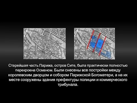 Старейшая часть Парижа, остров Сите, была практически полностью перекроена Османом. Были