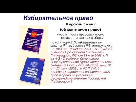 Избирательное право Широкий смысл (объективное право) совокупность правовых норм, регламентирующих выборы: