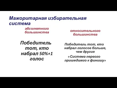 Мажоритарная избирательная система абсолютного большинства Победитель тот, кто набрал 50%+1 голос