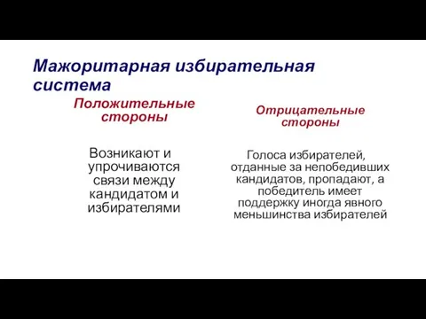 Мажоритарная избирательная система Положительные стороны Возникают и упрочиваются связи между кандидатом