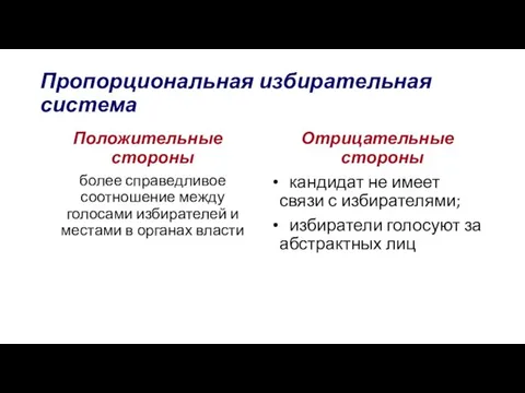 Пропорциональная избирательная система Положительные стороны более справедливое соотношение между голосами избирателей