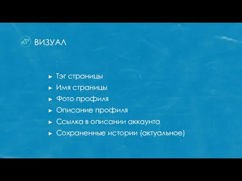 ВИЗУАЛ Тэг страницы Имя страницы Фото профиля Описание профиля Ссылка в описании аккаунта Сохраненные истории (актуальное)