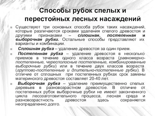 Способы рубок спелых и перестойных лесных насаждений Существуют три основных способа