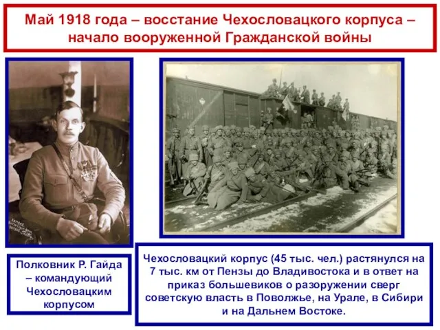 Май 1918 года – восстание Чехословацкого корпуса – начало вооруженной Гражданской